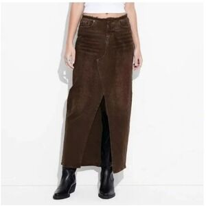 Wild Fable Women's Brown Denim Maxi Skirt with Front Slit Raw Hem Size 4 NEW